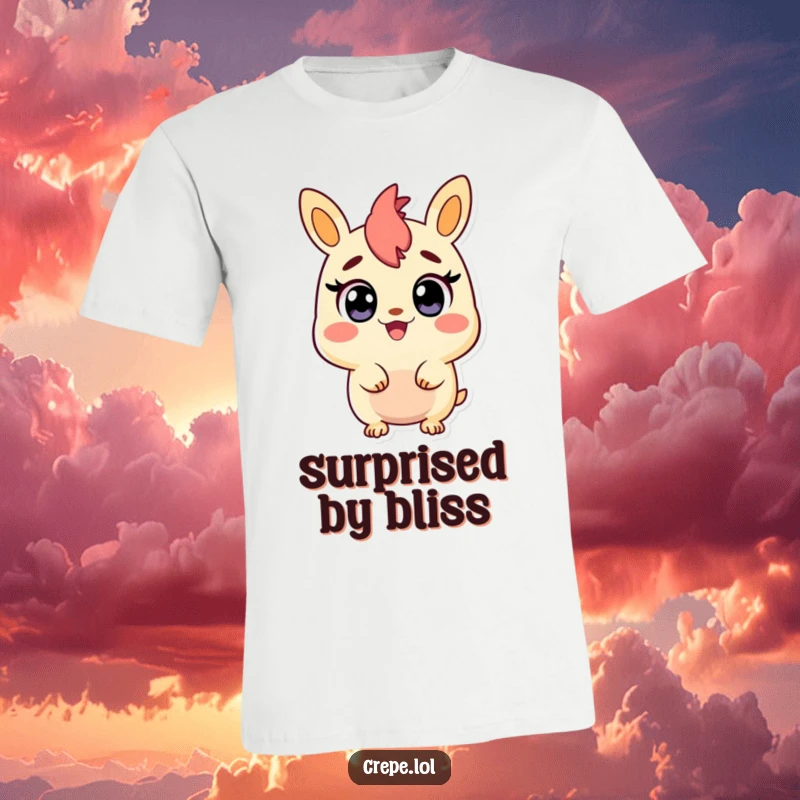 Funny t-shirt depicting a churro character with wide, delighted eyes, showing a look of happy surprise.