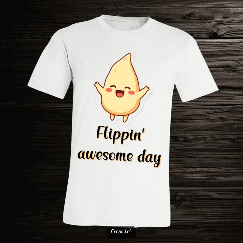 Funny t-shirt print of a smiling crepe performing an acrobatic, joyful flip, radiating pure breakfast happiness.