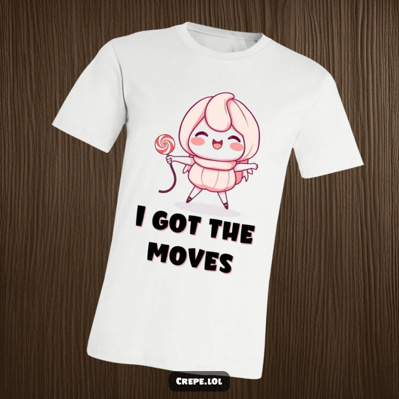 Funny t-shirt featuring a grinning crepe characer energetically jumping rope with a licorice string, ready for action.