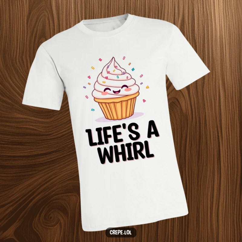 Funny t-shirt depicting a happy cupcake with frosting and sprinkles in a joyful spin. Sweet and humorous apparel.