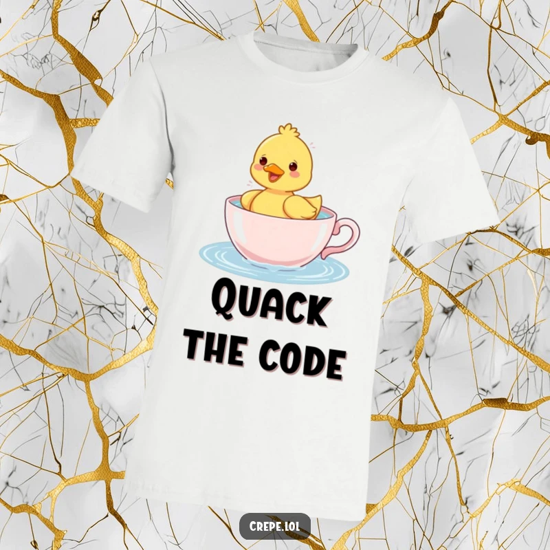 Funny duckling splashing water enthusiastically in a teacup, printed on a hilarious t-shirt for fun lovers.