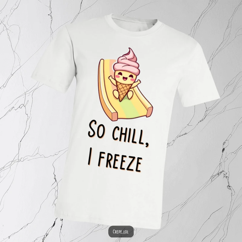 Funny ice cream t-shirt featuring a cheerful cone character sliding down a rainbow, ideal for casual, fun, summer wear.