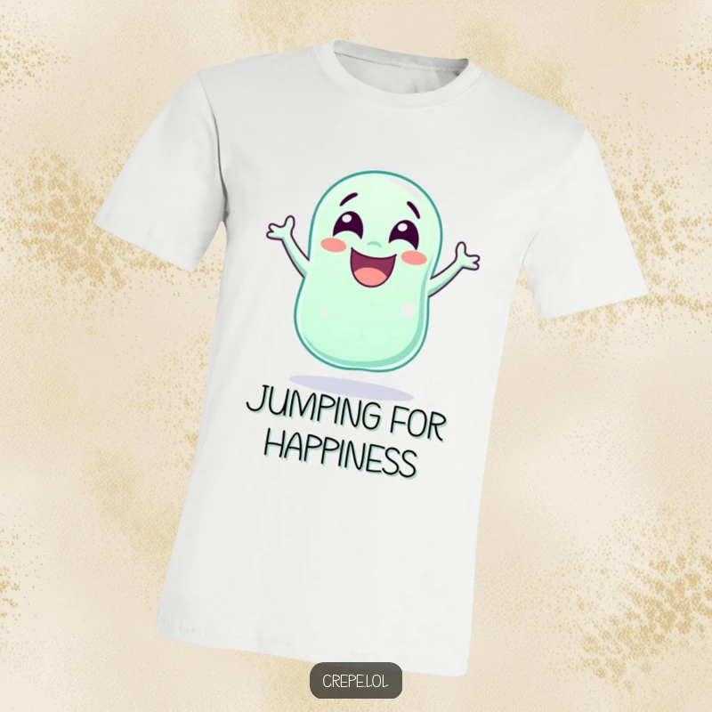 Funny laughing jellybean with wide eyes mid-jump, full of pure joy, on a vibrant graphic t-shirt.