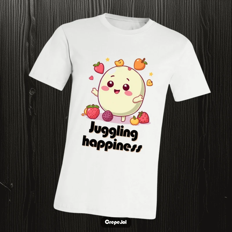Funny t-shirt depicting a giggling macaron character skillfully juggling various fruit toppings, full of joyful concentration.