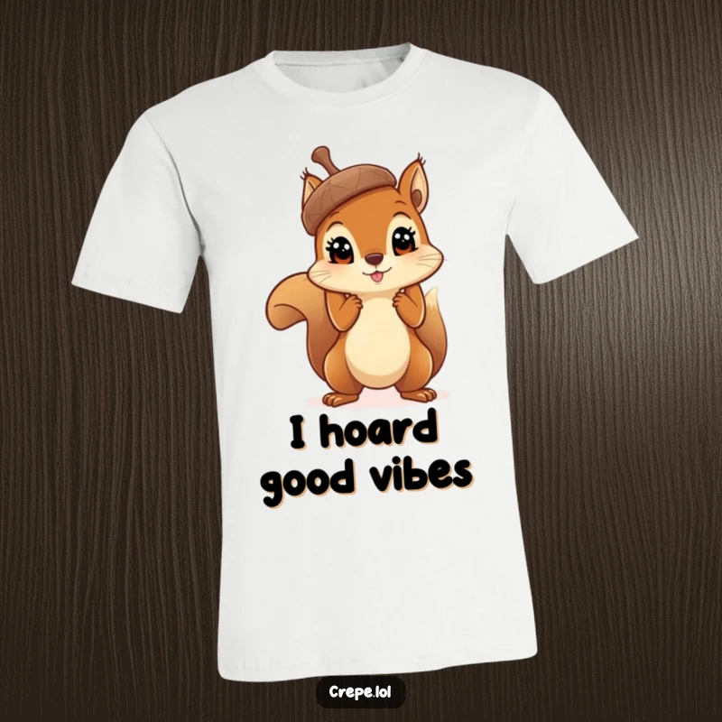 Funny squirrel with big eyes proudly displaying a giant acorn, printed on a hilarious t-shirt for collectors.