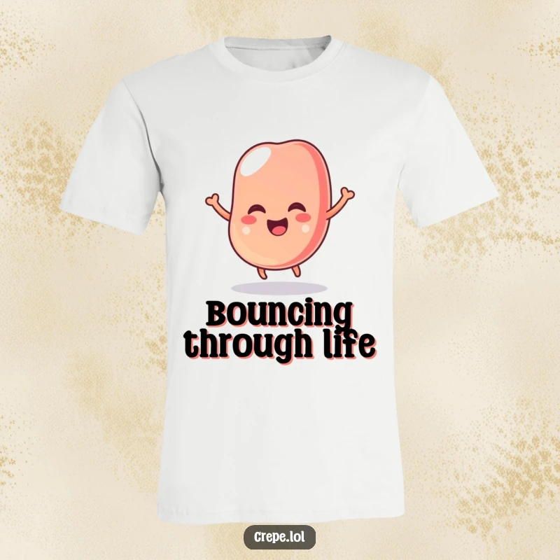 Funny t-shirt showcasing a brightly colored jelly bean wobbling and bouncing with uncontainable glee and energy.