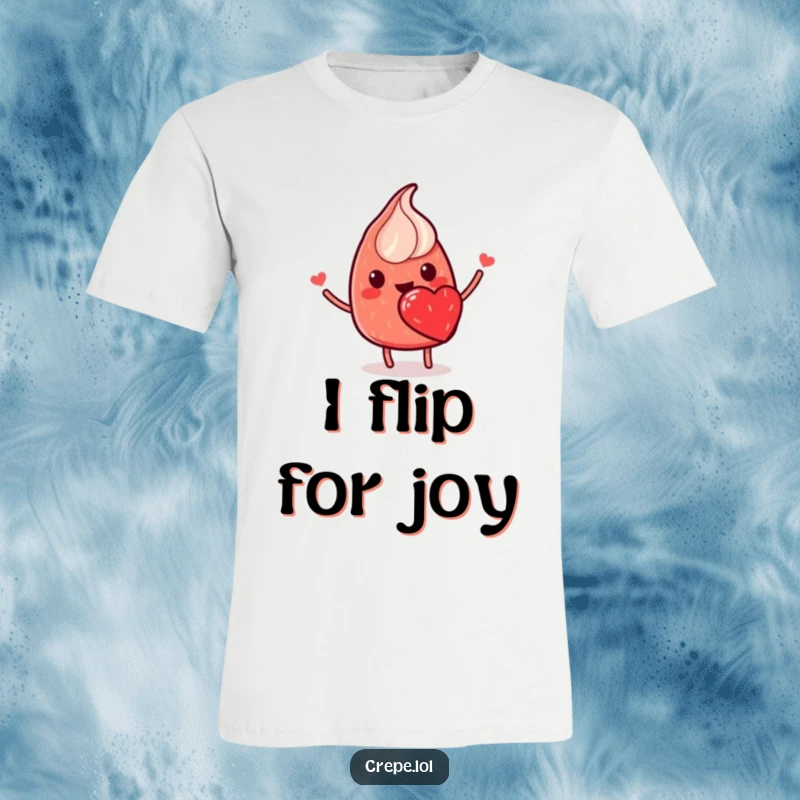 Funny t-shirt featuring a smiling red crepe with a strawberry heart, executing a happy flip with culinary flair.