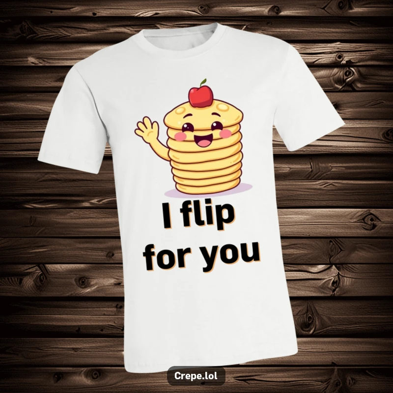 Funny pancake t-shirt depicting a grinning stack of pancakes waving hello, celebrating breakfast happiness.
