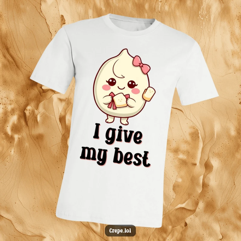 Funny t-shirt featuring a smiling crepe character offering a piece of itself with a bow, symbolizing sharing and kindness.