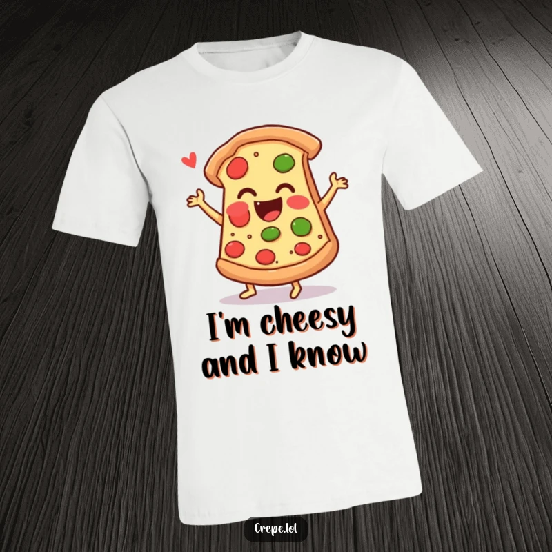 Funny pizza t-shirt showing an ecstatic pizza slice doing a lively jig, celebrating food and fun.