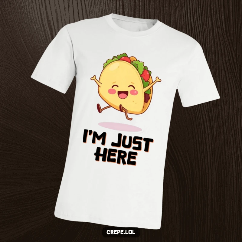 Funny t-shirt featuring a smiling taco with legs performing an energetic cartwheel, celebrating food and fun.