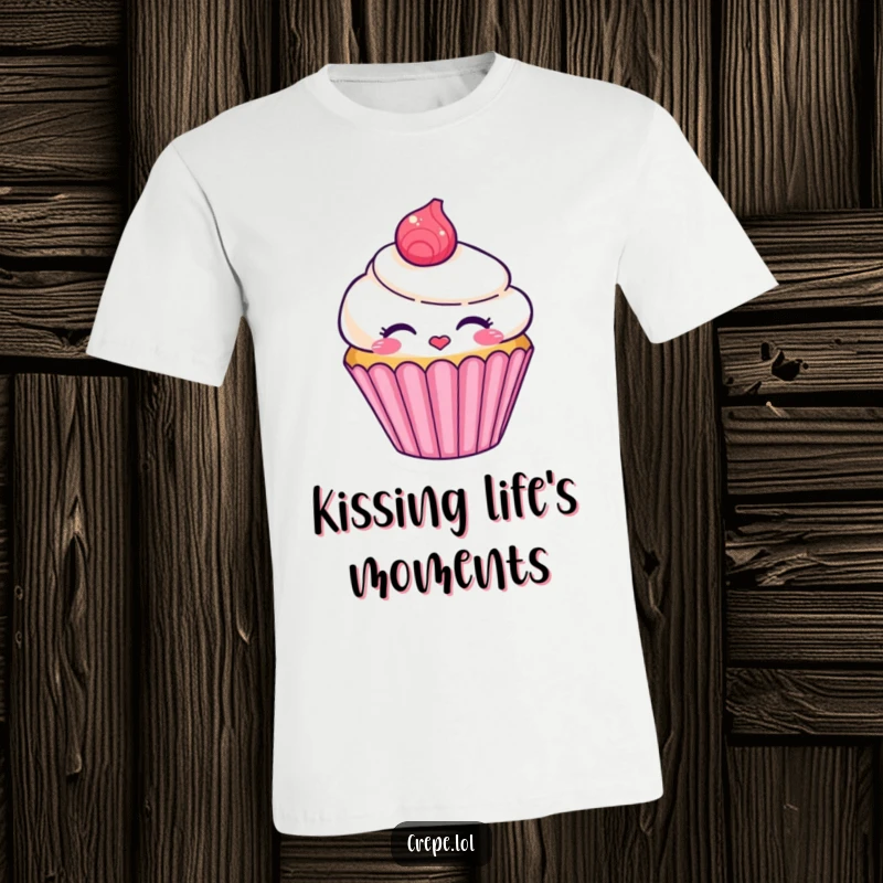 Funny smiling cupcake character t-shirt blowing a kiss, a sweet and humorous apparel choice.