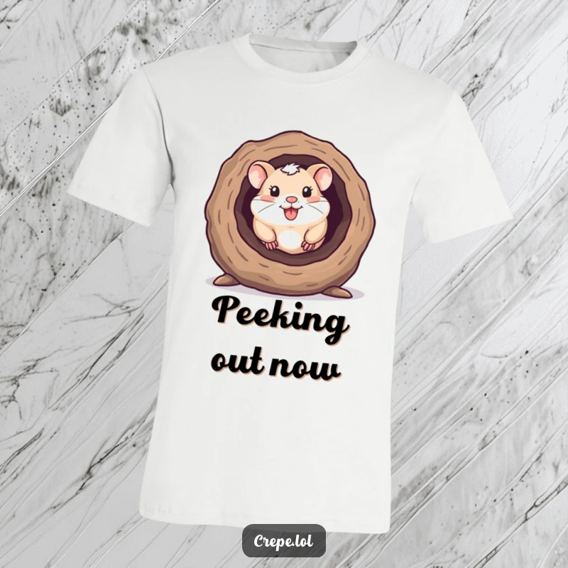 Funny t-shirt featuring a happy hamster peeking out from inside a cozy hollow log, showcasing its cute curiosity.