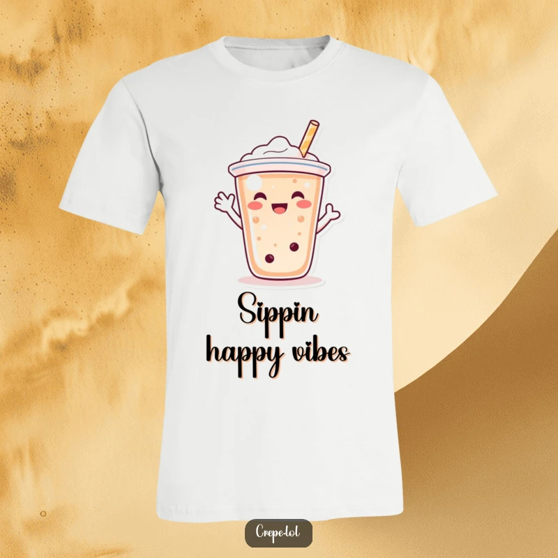 Funny bubble tea character T-shirt, happily waving with its straw, perfect for radiating positivity.