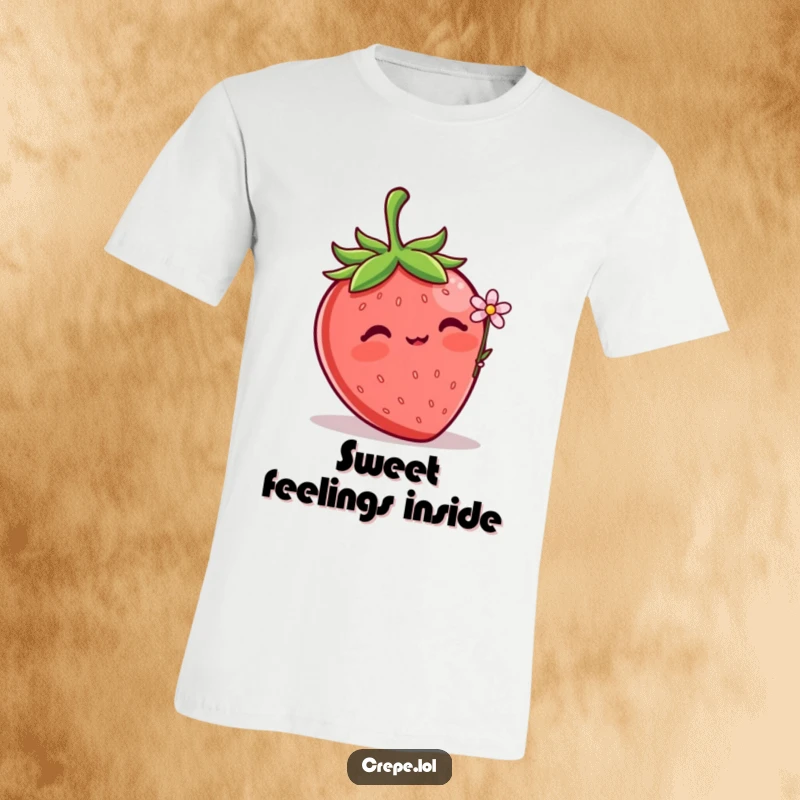 Funny Strawberry Flower T-Shirt with a blushing strawberry offering a delicate tiny flower, embodying innocence and sweetness.