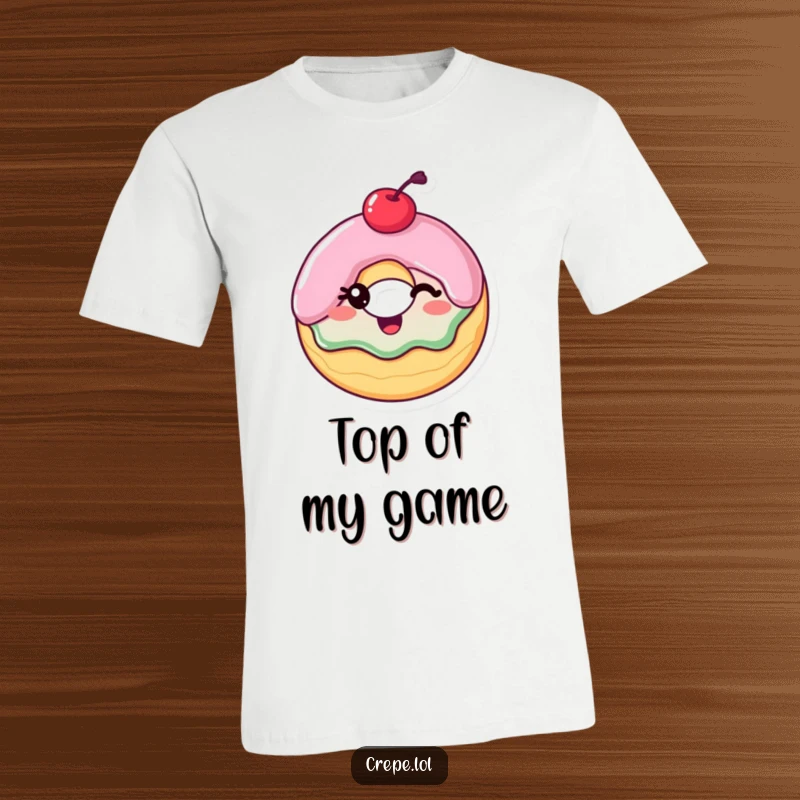 Funny T-Shirt: A happy donut with a cherry on top winking, showcasing a sweet and humorous personality.