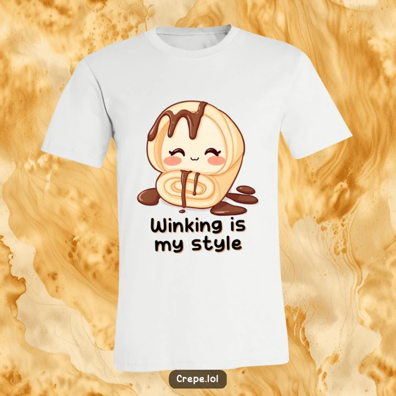 Funny t-shirt showcasing a rolled chocolate crepe winking with a cheeky expression, ideal for foodies and humor enthusiasts.