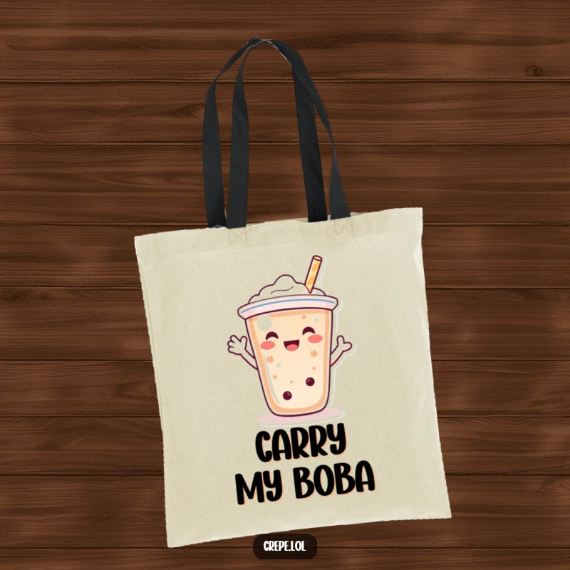 Funny bubble tea character tote bag, happily waving with its straw, perfect for carrying joy.