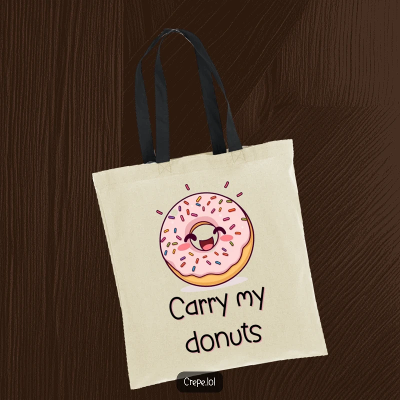Funny donut sprinkles tote bag, featuring a happy donut with rhythmic bouncing sprinkles, perfect for carrying essentials with sweet, playful charm.