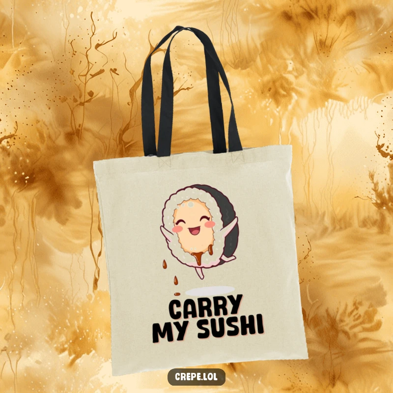 Funny Sushi Tote Bag: A smiling sushi roll doing a cartwheel, symbolizing energetic food fun.