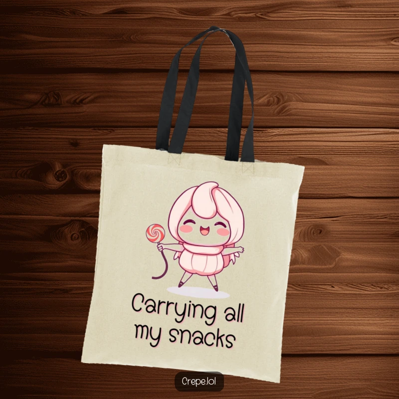 Funny tote bag depicting a grinning crepe character jumping rope with a licorice string, ready for errands and amusement.