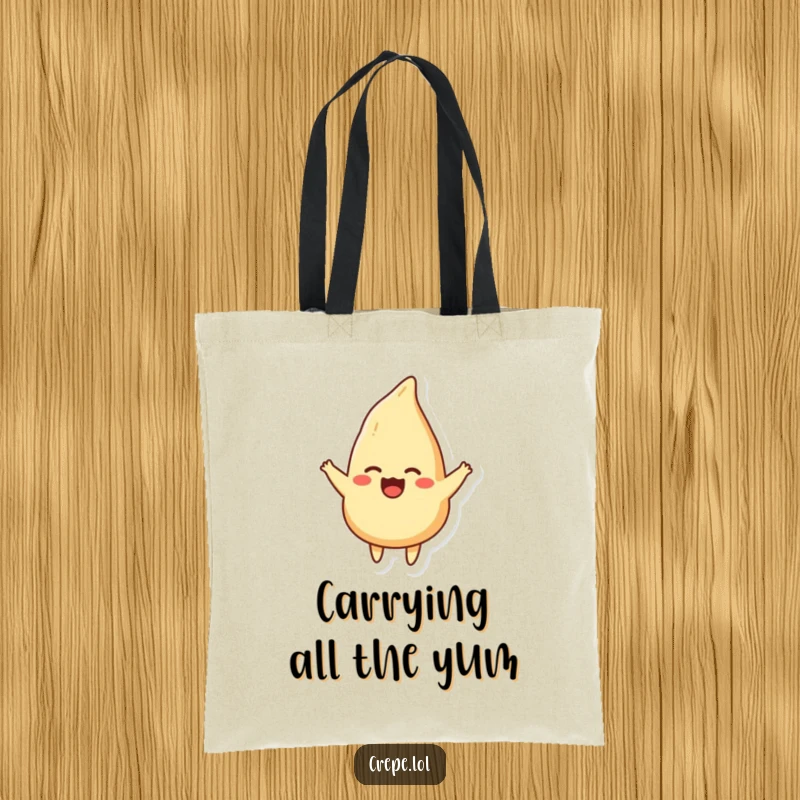 Funny tote bag illustration of a smiling crepe performing a joyful flip, a charming accessory for food lovers.