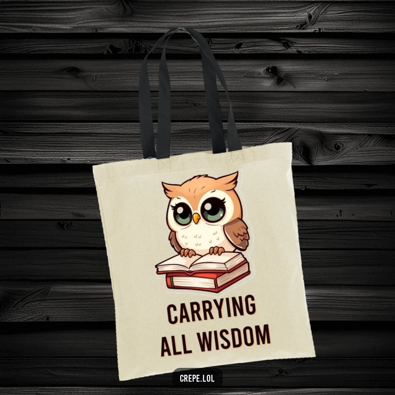 Funny tote bag with a wide-eyed owl looking amazed while perched on a book, great for bookish errands.