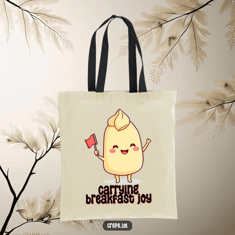 Funny Tote Bag: A smiling crepe character waving a small flag, perfect for carrying groceries with a cheerful, foodie vibe.