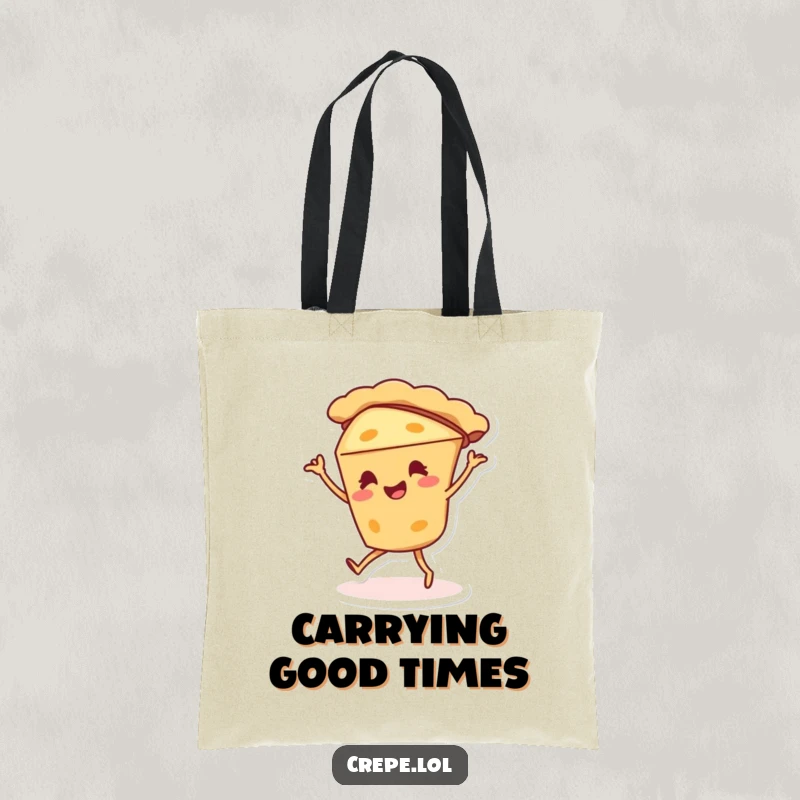 Funny pie character tote bag doing a silly dance, a whimsical and practical dessert accessory.