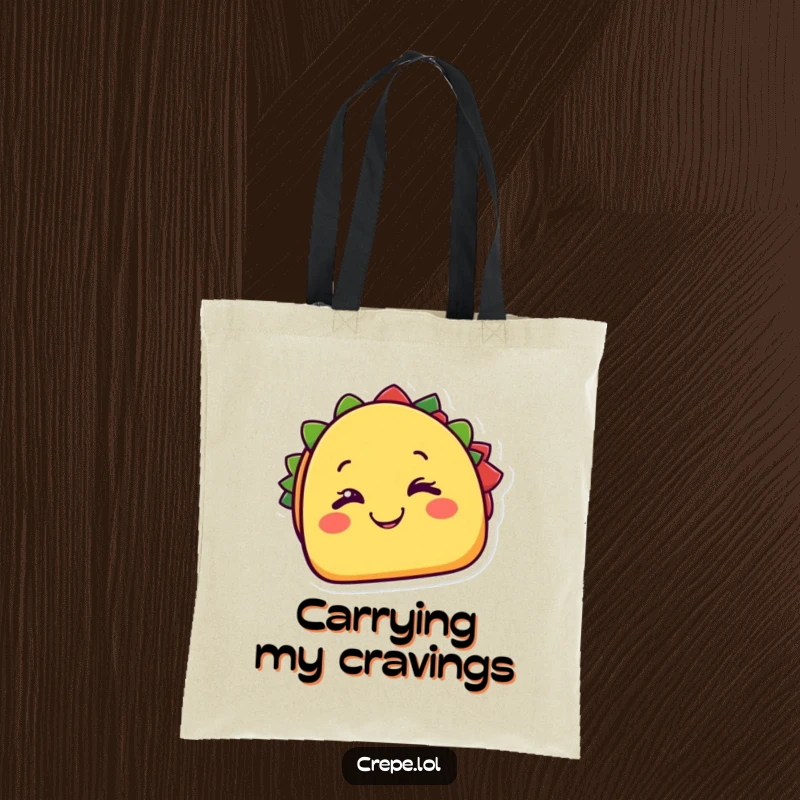Funny taco tote bag with a cheerful taco character happily winking with a cheesy grin. Stylish and functional. Gift.