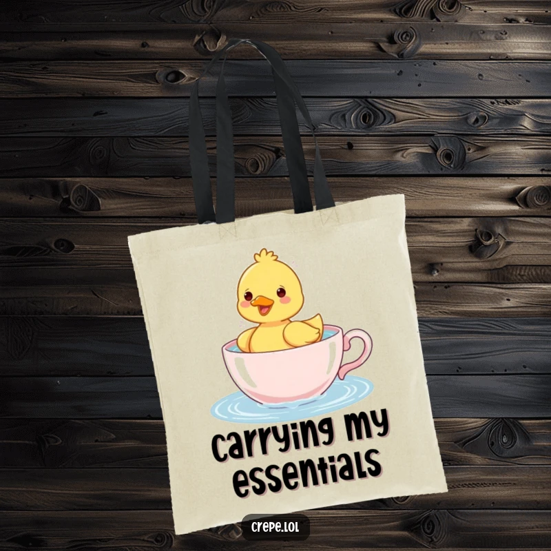Funny cheerful duckling splashing water while paddling in a teacup, a delightful and humorous design on a practical tote bag.