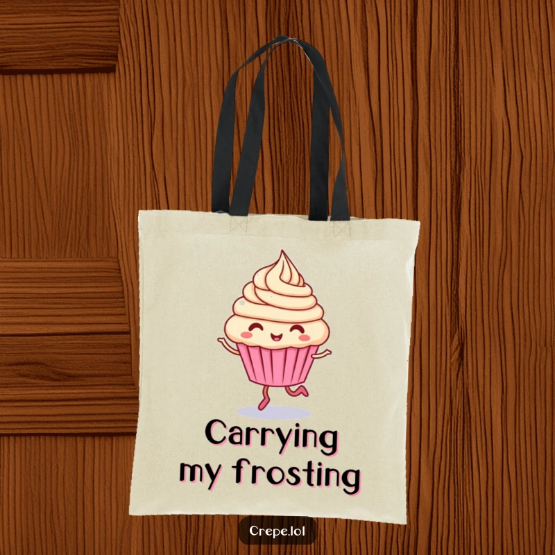 Funny cupcake character tote bag, giggling and hopping with swirling frosting, perfect for carrying joy.