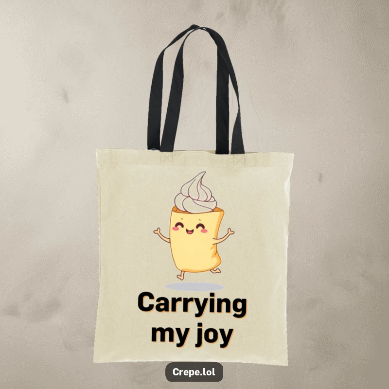 Funny tote bag illustrating a whipped cream topped crepe in a playful hop, perfect for shopping or daily errands.