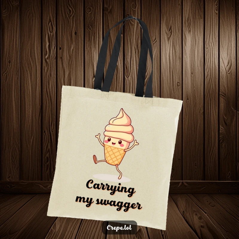 Funny ice cream cone with legs dancing merrily, featured on a durable and stylish tote bag for everyday use.