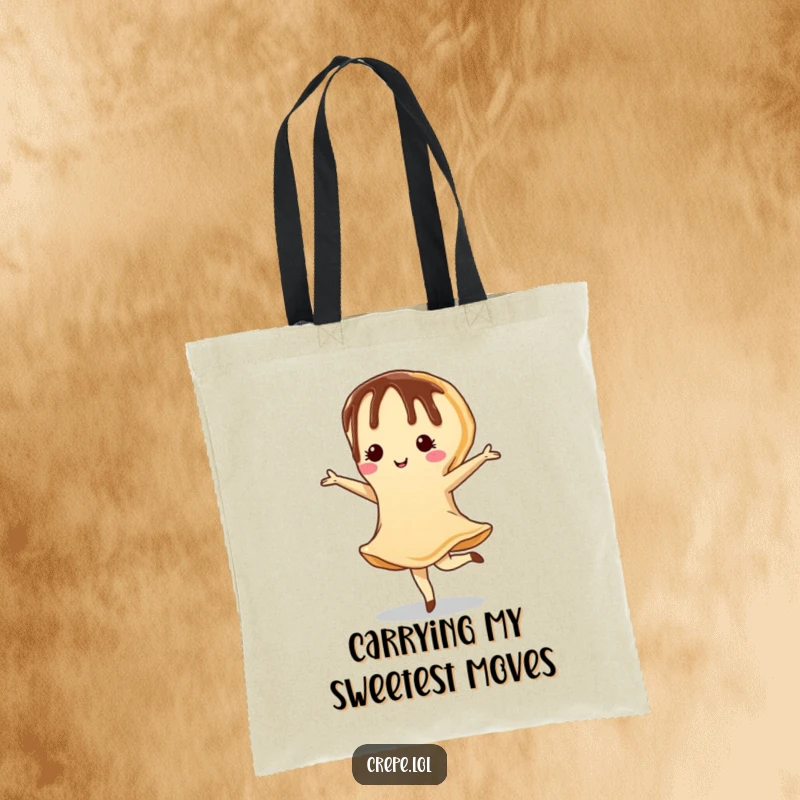 Funny tote bag showcasing a chocolate-drizzled crepe doing a charming pirouette, perfect for carrying essentials with flair.