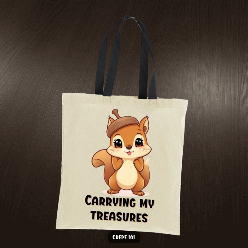 Funny curious squirrel with big eyes holding a massive acorn aloft, a delightful and humorous design on a practical tote bag.