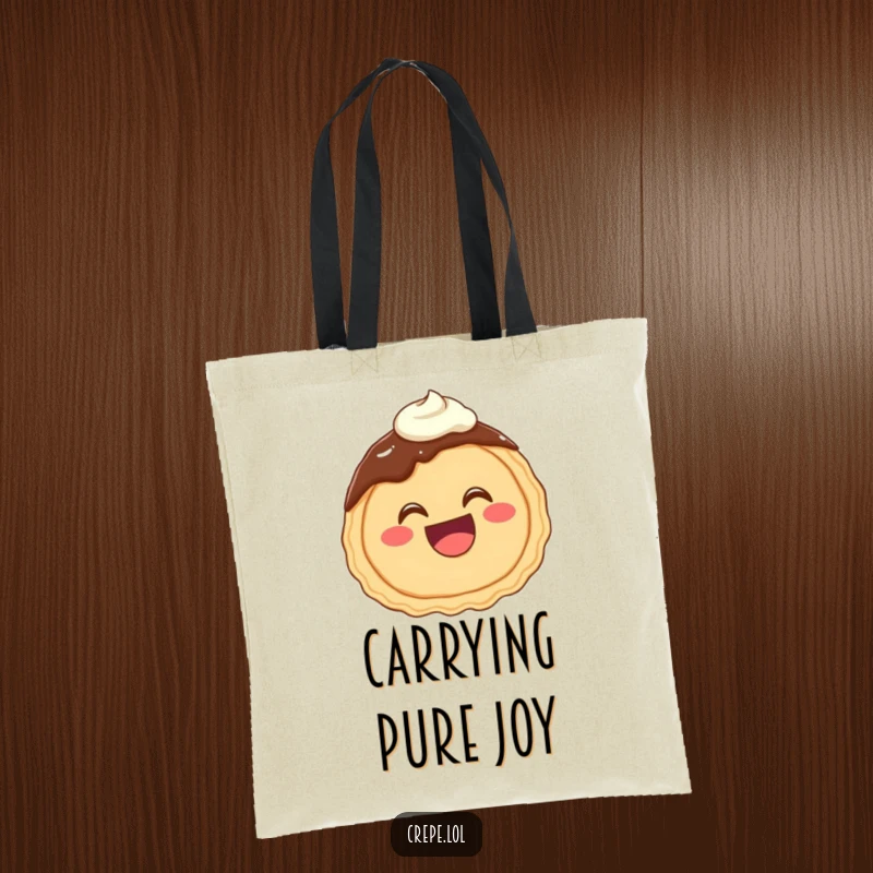 Funny tote bag illustrating a happy chocolate crepe with a wide mouth giggling uncontrollably, adorned with frosting.