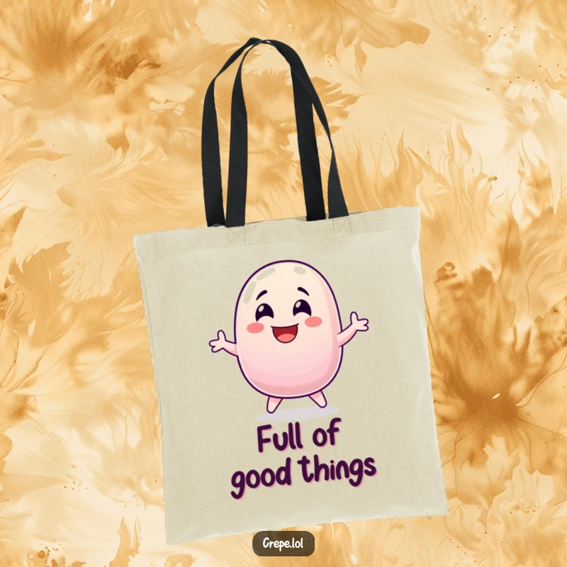 Funny jellybean laughing and jumping for joy, printed on a durable tote bag.