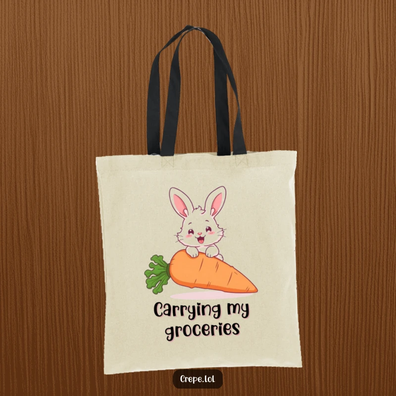 Funny fluffy bunny with big ears hopping over a giant carrot, a delightful and humorous design on a practical tote bag.