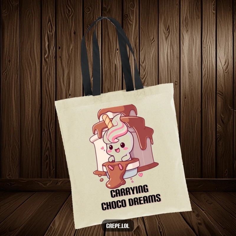 Funny churro character tote bag, gleefully sliding down a chocolate fountain, perfect for carrying treats.