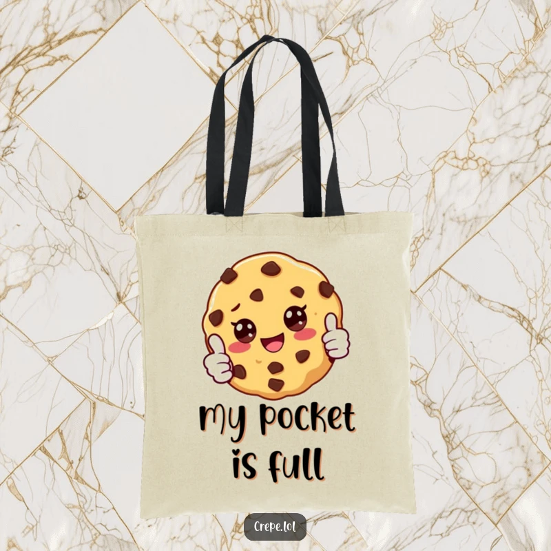 Funny and durable tote bag showcasing a happy chocolate chip cookie giving a thumbs up, perfect for shopping and everyday use.