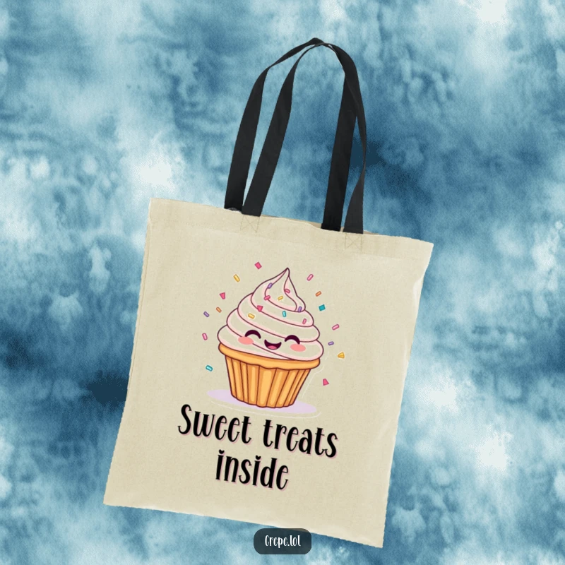 Funny tote bag with a spinning cupcake, frosting, and sprinkles, ideal for carrying items with a sweet, humorous touch.