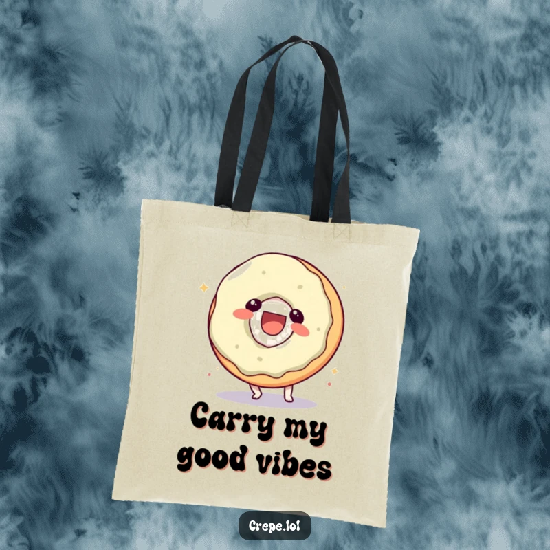 Funny donut character tote bag, doing a somersault with a laugh, great for carrying essentials humorously.
