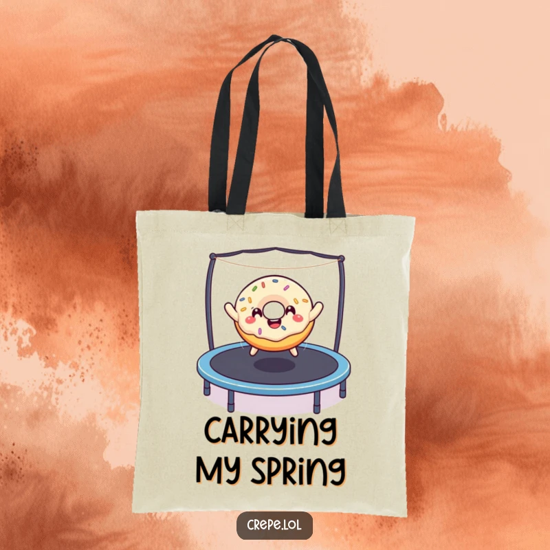 Funny sprinkled donut joyfully bouncing on a trampoline, illustrated on a durable and stylish tote bag for daily use.