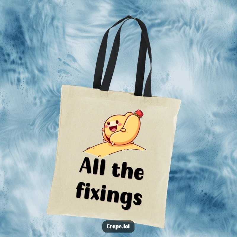 Funny tote bag featuring a smiling hot dog rolling downhill with glee, perfect for carrying items with a humorous touch.