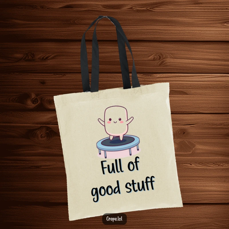 Funny smiling marshmallow character tote bag bouncing on a trampoline, a whimsical and practical accessory.