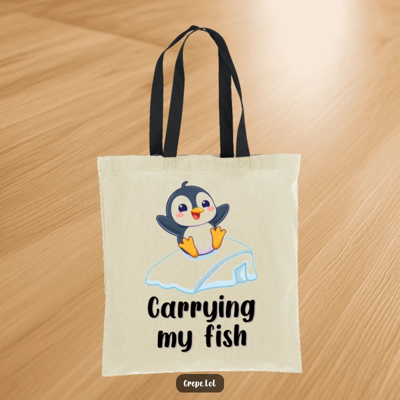 Funny tote bag showcasing a playful penguin with a grin sliding down an icy ramp, perfect for winter essentials.