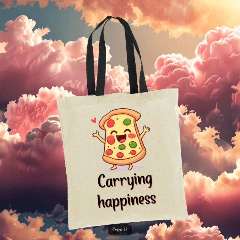 Funny pizza tote bag with an ecstatic pizza slice doing a happy jig, great for carrying groceries with flair.