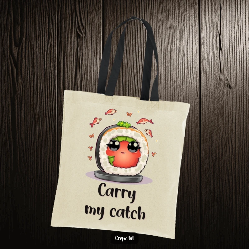Funny tote bag featuring a sushi roll juggling fish, adding a humorous touch to everyday carrying needs.