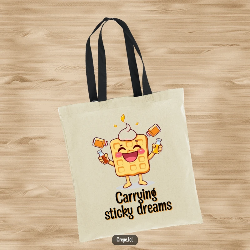 Funny waffle tote bag, a joyful character juggling syrup bottles, practical and humorous everyday accessory.